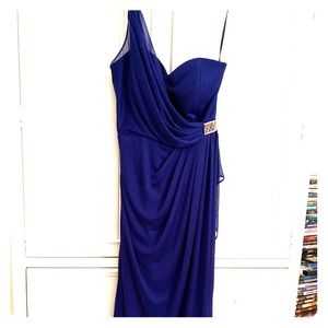 Ruched waisted cocktail gown with sequenced trim